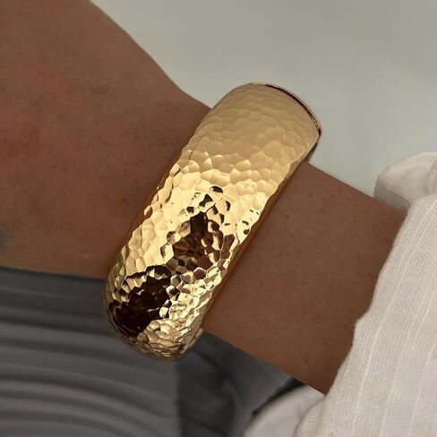 Chunky Gold Bangle Bracelets for Women 14K Gold Plated Minimalist Modern Wide Arm Cuff Irregular Set of 3 Fits 6.5-7.5" Wrists in Saudi Arabia