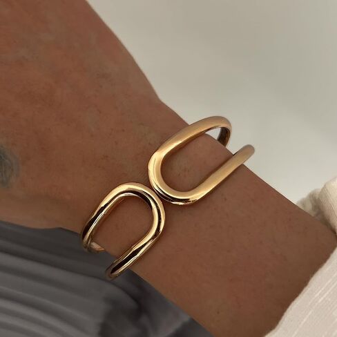 Chunky Gold Bangle Bracelets for Women 14K Gold Plated Minimalist Modern Wide Arm Cuff Irregular Set of 3 Fits 6.5-7.5" Wrists in Saudi Arabia
