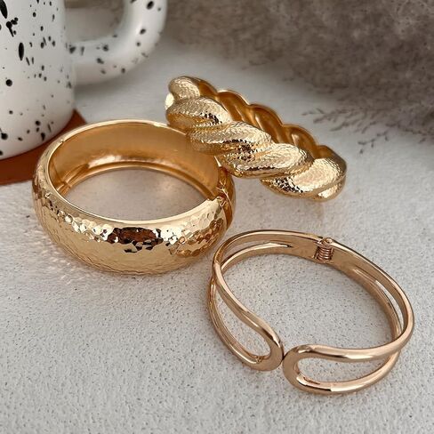 Chunky Gold Bangle Bracelets for Women 14K Gold Plated Minimalist Modern Wide Arm Cuff Irregular Set of 3 Fits 6.5-7.5" Wrists in Saudi Arabia