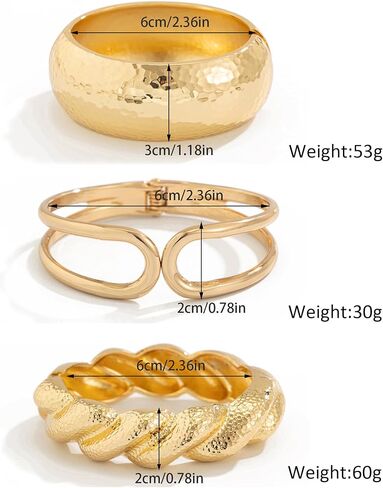 Chunky Gold Bangle Bracelets for Women 14K Gold Plated Minimalist Modern Wide Arm Cuff Irregular Set of 3 Fits 6.5-7.5" Wrists in Saudi Arabia
