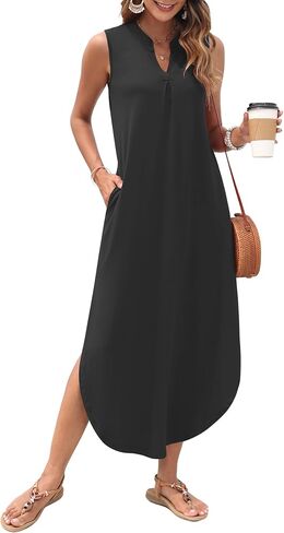 AUSELILY Womens Summer Casual Maxi Dresses 2025 Sleeveless Long Beach Dresses V Neck Loose Sundresses with Side Split Pockets in Saudi Arabia