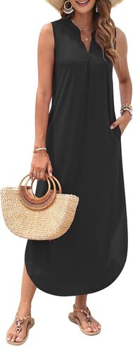 AUSELILY Womens Summer Casual Maxi Dresses 2025 Sleeveless Long Beach Dresses V Neck Loose Sundresses with Side Split Pockets in Saudi Arabia
