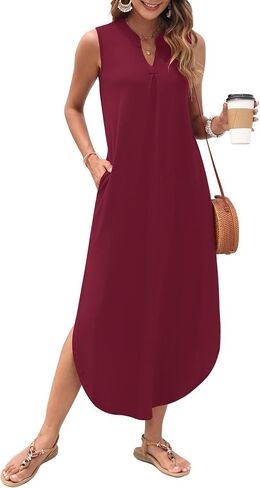 AUSELILY Womens Summer Casual Maxi Dresses 2025 Sleeveless Long Beach Dresses V Neck Loose Sundresses with Side Split Pockets in Saudi Arabia