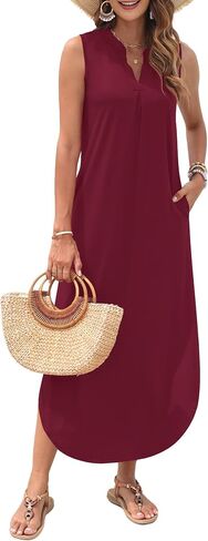 AUSELILY Womens Summer Casual Maxi Dresses 2025 Sleeveless Long Beach Dresses V Neck Loose Sundresses with Side Split Pockets in Saudi Arabia