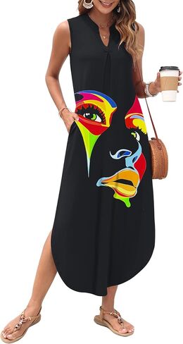 AUSELILY Womens Summer Casual Maxi Dresses 2025 Sleeveless Long Beach Dresses V Neck Loose Sundresses with Side Split Pockets in Saudi Arabia