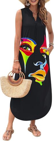 AUSELILY Womens Summer Casual Maxi Dresses 2025 Sleeveless Long Beach Dresses V Neck Loose Sundresses with Side Split Pockets in Saudi Arabia