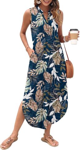 AUSELILY Womens Summer Casual Maxi Dresses 2025 Sleeveless Long Beach Dresses V Neck Loose Sundresses with Side Split Pockets in Saudi Arabia