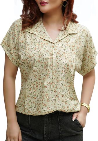 Women’s Blouse Casual V-Neck Chiffon Top for Office, Short Sleeve Lightweight Dress Shirt for Work or Daily Wear in Saudi Arabia