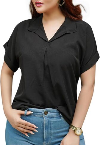 Women’s Blouse Casual V-Neck Chiffon Top for Office, Short Sleeve Lightweight Dress Shirt for Work or Daily Wear in Saudi Arabia
