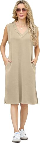 GRECERELLE 2025 Women Summer Inside-Out V-Neck Casual Loose Split Wrinkle-Free Midi Dress with Pockets in Saudi Arabia