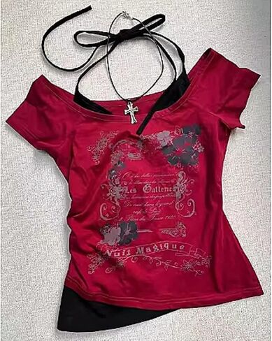 قميص Emo Grunge Women Tees Graphic Baby Y2K BRIC TOPS ALT ALT ALT ALT FAID من قطعتين قصيرتين من القمصان in Kuwait