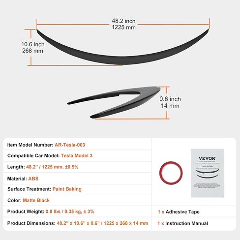 VEVOR GT Wing Car Spoiler, 47.2 inch Spoiler, Compatible with Tesla Model Y, High Strength ABS Material, Baking Paint, Car Rear Spoiler Wing, Racing Spoilers for Cars, Matte Black in Saudi Arabia