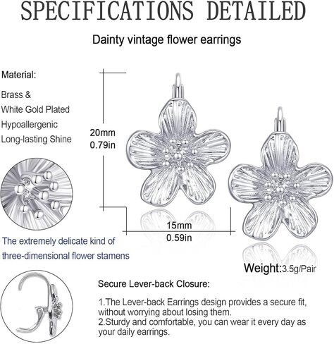 Small Dangle Earrings for Women - Vintage Flower Design, 14k Gold Plated Hypoallergenic Lever-back Earrings, Silver & Gold Color, Lightweight & Dainty Jewelry in Kuwait