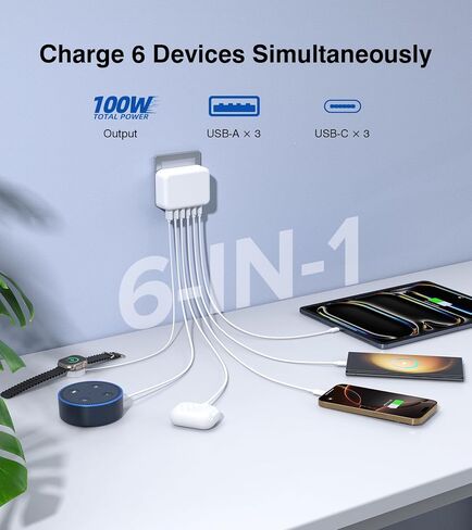 USB C Charger Block, 100W 6-Port Fast Charger Multiport Type C Charging Block, USB Wall Charger Plug Dual PD+QC Charging Cube Brick for iPhone 16/15/14/13/12/11 Pro Max XS, iPad, Samsung Phone, Tablet in Saudi Arabia