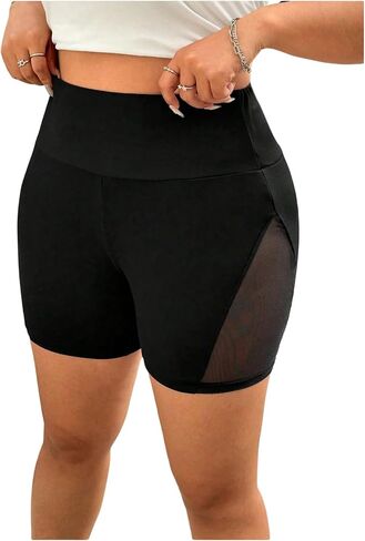Milumia Women's Plus Size High Waisted Contrast Mesh Biker Shorts Tummy Control Workout Leggings in Kuwait