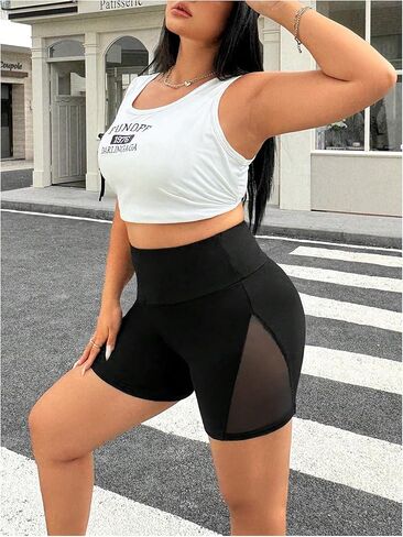 Milumia Women's Plus Size High Waisted Contrast Mesh Biker Shorts Tummy Control Workout Leggings in Kuwait