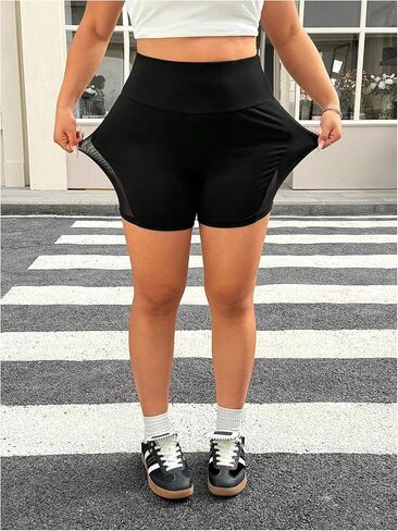 Milumia Women's Plus Size High Waisted Contrast Mesh Biker Shorts Tummy Control Workout Leggings in Kuwait
