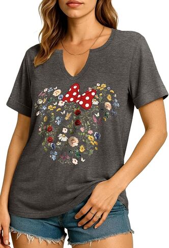 Flafens V Neck T-Shirts for Women - Graphic Short Sleeve Tees Tops Fashion Trendy Soft Casual Summer Outfits Clothes in Kuwait