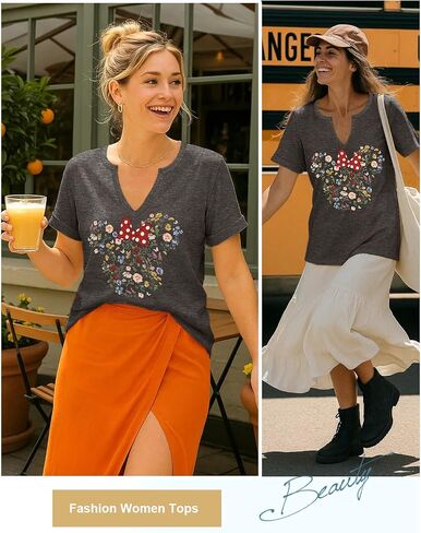 Flafens V Neck T-Shirts for Women - Graphic Short Sleeve Tees Tops Fashion Trendy Soft Casual Summer Outfits Clothes in Kuwait