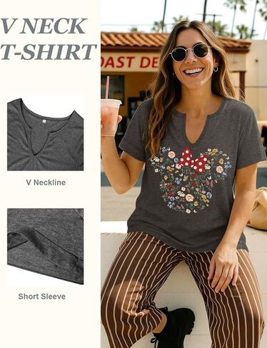 Flafens V Neck T-Shirts for Women - Graphic Short Sleeve Tees Tops Fashion Trendy Soft Casual Summer Outfits Clothes in Kuwait