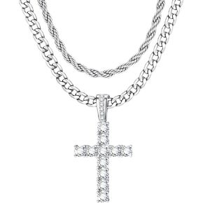 925 Sterling Silver Cross Necklace for Men Women - Cubic Zirconia Cross Pendant Necklace Stainless Steel Diamond Cut Cuban Link Rope Chain Layered Necklaces Jewelry 16-30 Inches in Saudi Arabia