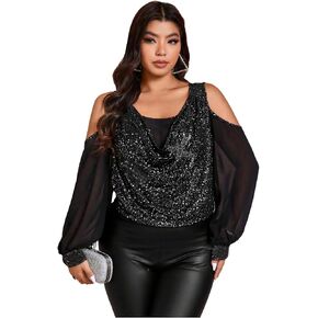 WDIRARA Women's Plus Size Floral Embroidered Tees Sheer Mesh T Shirt Cold Shoulder Long Sleeve Tops in Saudi Arabia