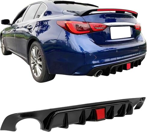 Ikon Motorsports ، Diffuser الخلفي متوافق مع 2018-2024 Infiniti Q50 ، أسود غير لامع PP الإضافات الإضافية الناشفة الخلفية المفسد المفسد المفسد مع ضوء الفرامل ، 2019 2020 2021 in Kuwait