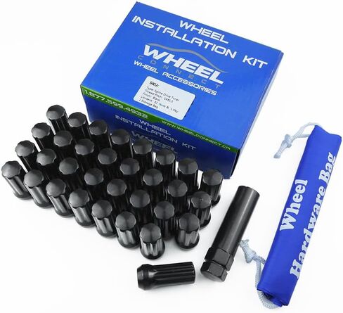 WHEEL CONNECT Spline Lug Nuts, 14x1.5, Acorn for Conical Seat. Set of 32 with 1 Key and 1 Storage Bag, for Aftermarket Custom Tuner Wheel, Steel, Black Finish.M14 X 1.5. in Kuwait