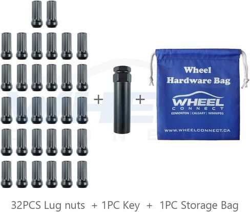 WHEEL CONNECT Spline Lug Nuts, 14x1.5, Acorn for Conical Seat. Set of 32 with 1 Key and 1 Storage Bag, for Aftermarket Custom Tuner Wheel, Steel, Black Finish.M14 X 1.5. in Kuwait