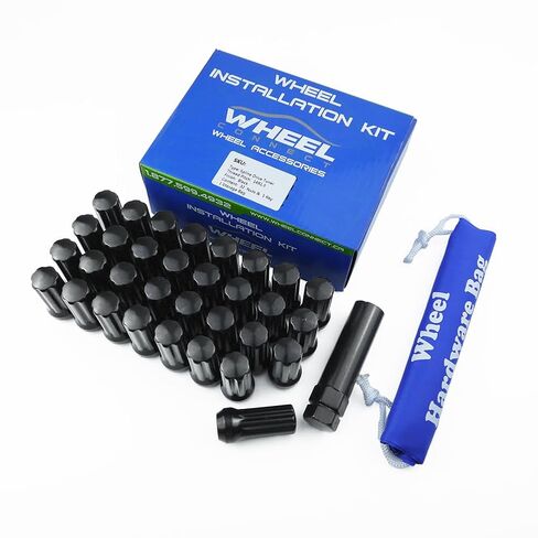 WHEEL CONNECT Spline Lug Nuts, 14x1.5, Acorn for Conical Seat. Set of 32 with 1 Key and 1 Storage Bag, for Aftermarket Custom Tuner Wheel, Steel, Black Finish.M14 X 1.5. in Kuwait