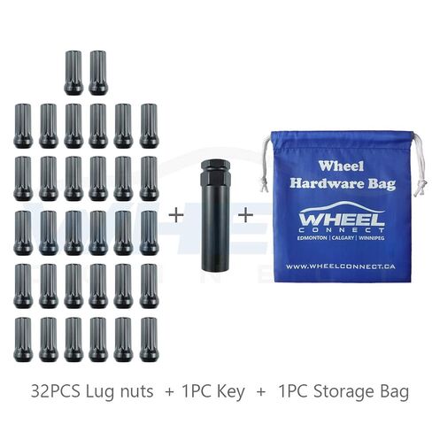 WHEEL CONNECT Spline Lug Nuts, 14x1.5, Acorn for Conical Seat. Set of 32 with 1 Key and 1 Storage Bag, for Aftermarket Custom Tuner Wheel, Steel, Black Finish.M14 X 1.5. in Kuwait