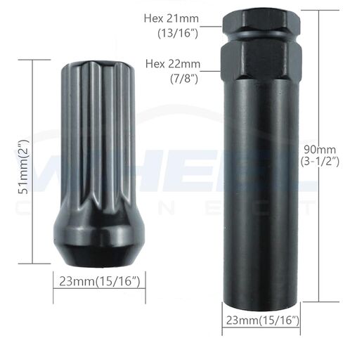 WHEEL CONNECT Spline Lug Nuts, 14x1.5, Acorn for Conical Seat. Set of 32 with 1 Key and 1 Storage Bag, for Aftermarket Custom Tuner Wheel, Steel, Black Finish.M14 X 1.5. in Kuwait