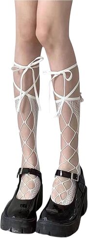 OYOANGLE Women's Lace Up Fishnet Socks Over The Calf Hollow Out See Through Kawaii Socks in Saudi Arabia