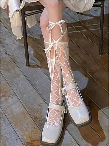 OYOANGLE Women's Lace Up Fishnet Socks Over The Calf Hollow Out See Through Kawaii Socks in Saudi Arabia