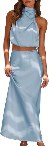 IDOPIP Womens Satin Top Long Skirt Dress Sets 2PCS Formal Cocktail Party Outfit Elegant Evening Prom Wedding Bridesmaid Gown in Saudi Arabia
