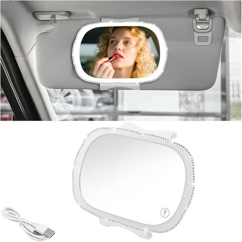 Bling Car Sun Visor Vanity Mirror, Rechargeable LED Vehicle Sun Shading Makeup Mirror, Dimmable Touch Screen Auto Vanity Looking Glass for Women Girls, Universal for SUV RV Truck (White) in Kuwait