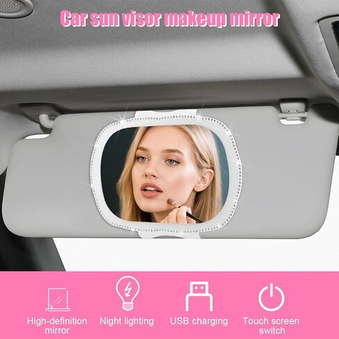 Bling Car Sun Visor Vanity Mirror, Rechargeable LED Vehicle Sun Shading Makeup Mirror, Dimmable Touch Screen Auto Vanity Looking Glass for Women Girls, Universal for SUV RV Truck (White) in Kuwait