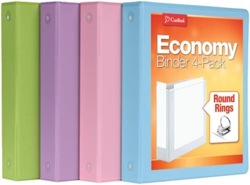 Cardinal 3 Ring Binders, Binders for School and Office, Durable 1.5 Inch, Round Rings, Holds 350 Sheets, ClearVue Presentation View, Non-Stick, Assorted Bright Colors, 4 Pack (79553) in Saudi Arabia