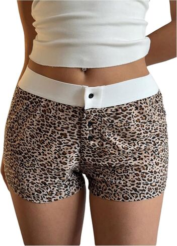 Oyoangle Women’s Cheetah Print Mini Skinny Shorts Button Front Front Front Low Low Helist Shorts in Saudi Arabia