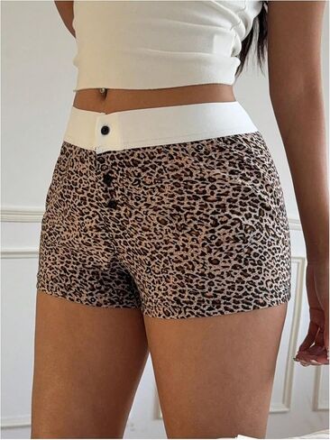 Oyoangle Women’s Cheetah Print Mini Skinny Shorts Button Front Front Front Low Low Helist Shorts in Saudi Arabia