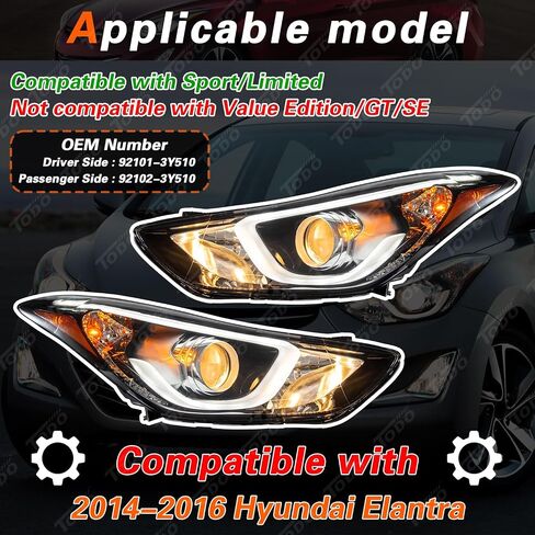 TODO Headlights with LED DRL Assembly Compatible with 2014 2015 2016 Elantra Sport Limited Head Light with LED Side Marker Light Replacement 921023Y510 921013Y510 Driver & Passenger Side in Kuwait