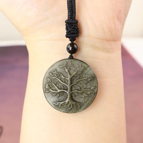 Anjiucc Natural Gemstone Tree of Life Black Obsidian/Golden Obsidian Pendant Necklace for Male and Female Necklace in Kuwait