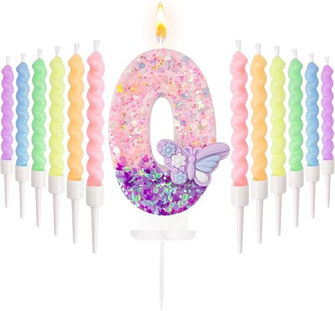 Number 8 Birthday Candles with Purple Butterfly & 12Pcs Rainbow Macaron Spiral Candles for Girls - Pink Sequins Birthday Candles for Cake, 8 Candle Party Decorations in Saudi Arabia