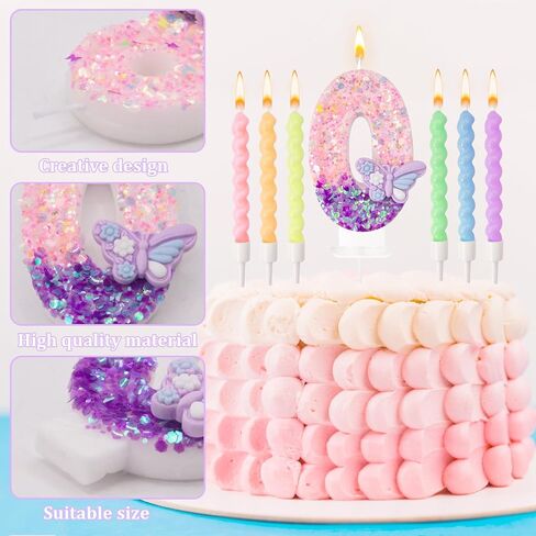 Number 8 Birthday Candles with Purple Butterfly & 12Pcs Rainbow Macaron Spiral Candles for Girls - Pink Sequins Birthday Candles for Cake, 8 Candle Party Decorations in Saudi Arabia