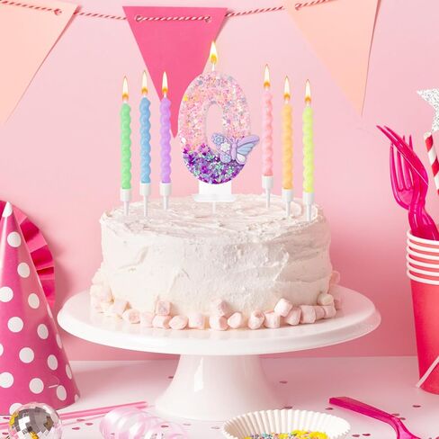 Number 8 Birthday Candles with Purple Butterfly & 12Pcs Rainbow Macaron Spiral Candles for Girls - Pink Sequins Birthday Candles for Cake, 8 Candle Party Decorations in Saudi Arabia