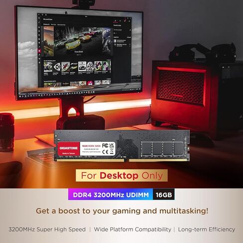 【ذاكرة الوصول العشوائي DDR4】 مجموعة GIGASTONE سعة 64 جيجابايت (4 × 16 جيجابايت) DDR4 3200 ميجا هرتز (2933 ميجا هرتز أو 2666 ميجا هرتز) PC4-25600 (PC4-23400، 21300) CL22 1.2V UDIMM 288 Pin غير مخزنة وغير ECC عالية الأداء ترقية ذاكرة سطح المكتب للكمبيوتر in Saudi Arabia