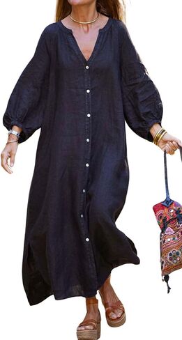 chouyatou Women Summer Long Sleeve Notch Neck Maxi Linen Shirt Dress Loose Button Down Tunic Shift Dress in Saudi Arabia
