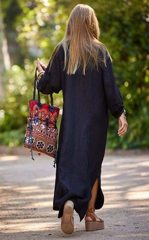 chouyatou Women Summer Long Sleeve Notch Neck Maxi Linen Shirt Dress Loose Button Down Tunic Shift Dress in Saudi Arabia
