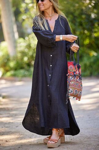 chouyatou Women Summer Long Sleeve Notch Neck Maxi Linen Shirt Dress Loose Button Down Tunic Shift Dress in Saudi Arabia