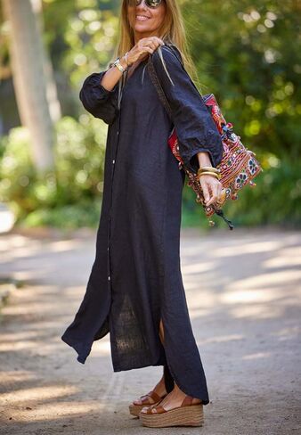 chouyatou Women Summer Long Sleeve Notch Neck Maxi Linen Shirt Dress Loose Button Down Tunic Shift Dress in Saudi Arabia